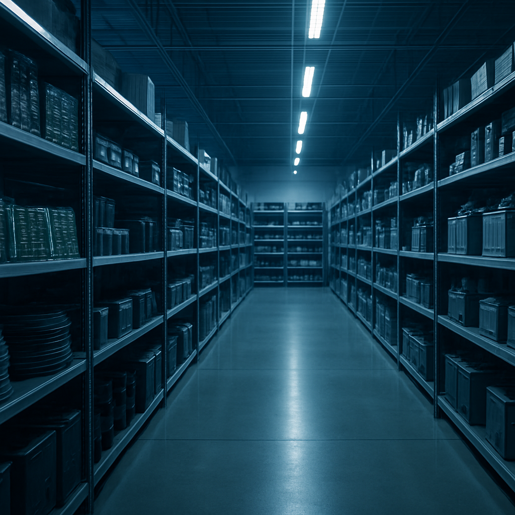Organized electronics and electrical components warehouse
